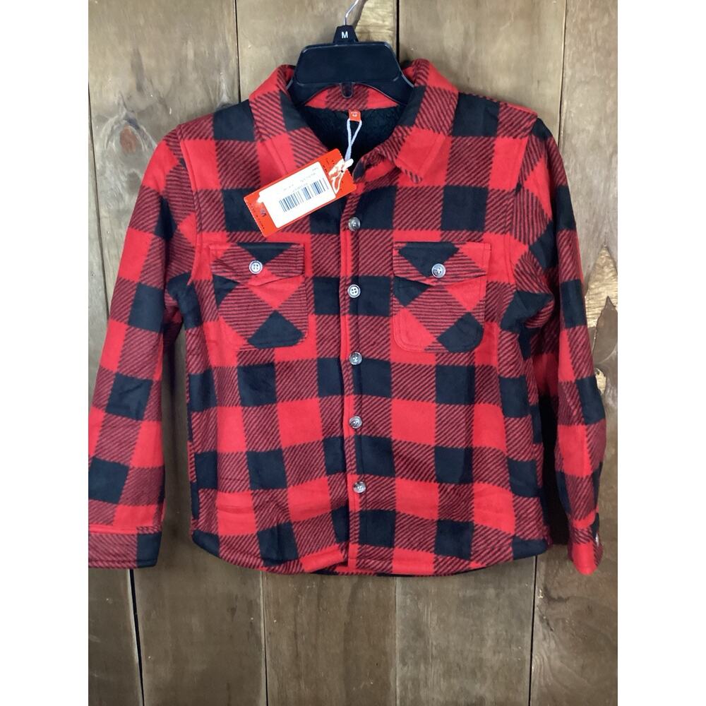 ThCreasa Boys Red And Black Plaid Shirt Jacket Fleece Sherpa Size Medium 7-8